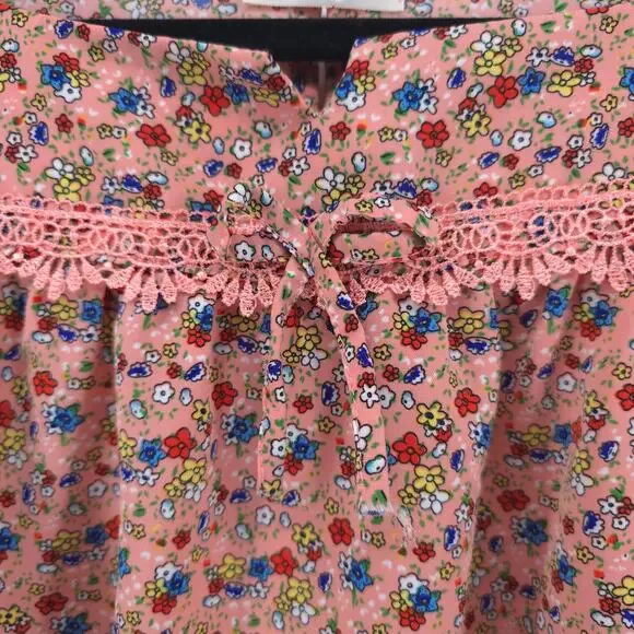 Womens Cottage Micro Floral Babydoll Tee Flutter Sleeve Lace Bow Keyhole Back S - Picture 5 of 11